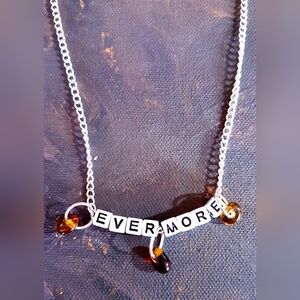 Evermore Necklace Amber Gems Black and White Blocked Lettering Handmade